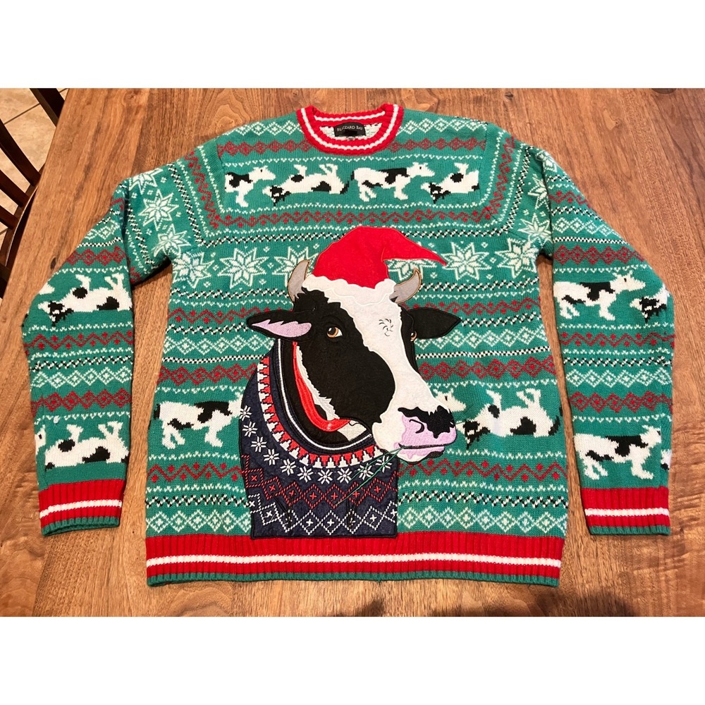 Ugly Christmas Sweater Large Blizzard Bay Mens Cow Santa Hat Green Fair Isle